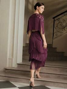 Women's Fashion New Arrival High-End Party & Evening Elegant Beaded Patchwork Tassel Suit - Purple - View 6