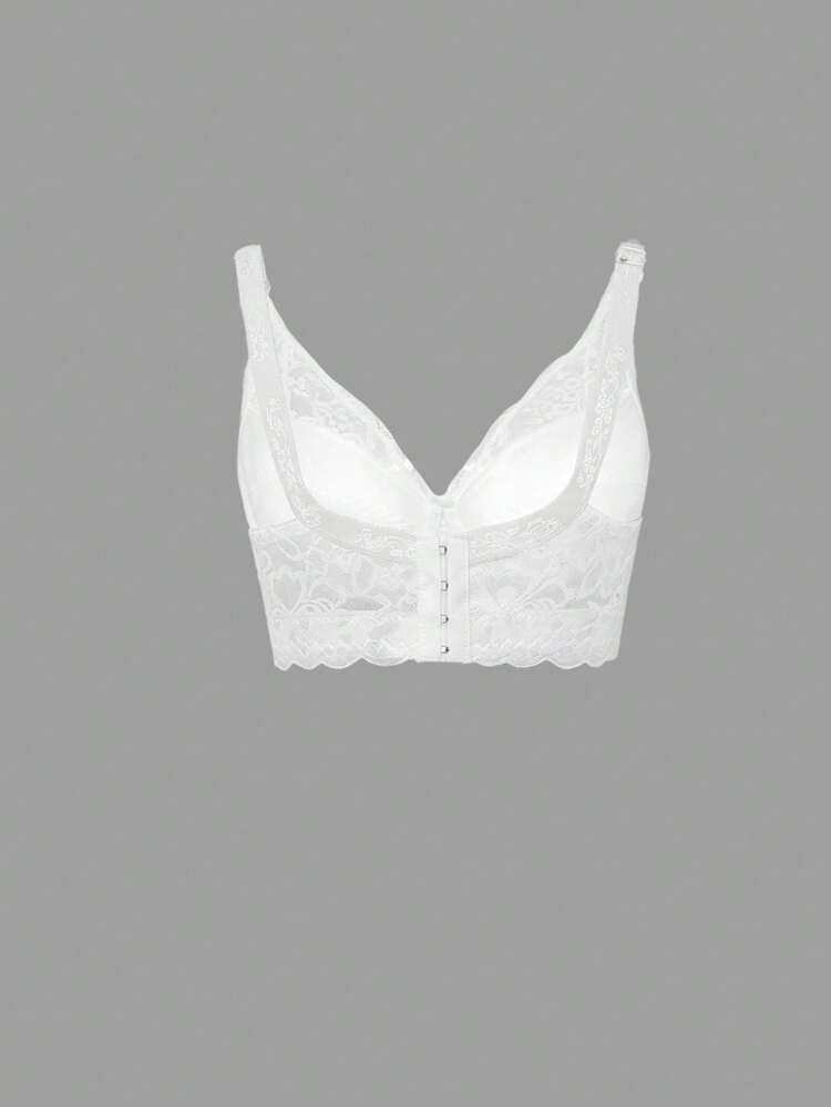 Lace Patchwork Semi-Sheer Bow Adjustable Spaghetti Strap Bra, Suitable For Summer & Spring
