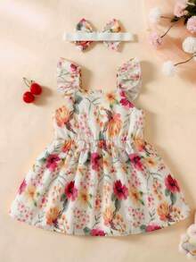 SHEIN 2pcs Baby/Toddler Girls' Summer Sleeveless Watercolor Floral Print Dress And Headband Set Birthday Purple Floral Cute - Multicolor - View 3