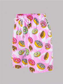 Tween Boy Donut Print Drawstring Waist Loose Swim Shorts - Pink - View 3
