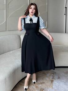 Vibekara Vestido midi evasê elegante e casual de manga curta com gola dobrável, meio abotoamento frontal, estampa de bolinhas e botões em cores contrastantes. Tamanho plus size. - Azul - Ver 3