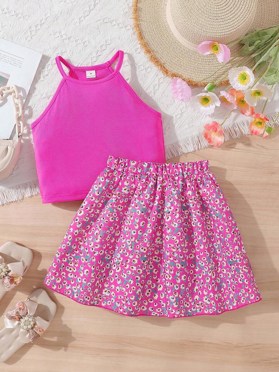 SHEIN 4-7岁女童粉色针织背心上衣搭配碎花裙两件套，适合日常穿着、外出游玩，展现活泼可爱的风格，春夏款。 - 玫紅色 - 查看 1