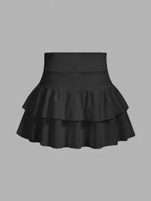 SHEIN Girlism Tween Girls Knitted Solid Color Cute Ruffle Layered Built-In Shorts Mini Skirt, Y2K Fashion, Back To School - Grey - View 2