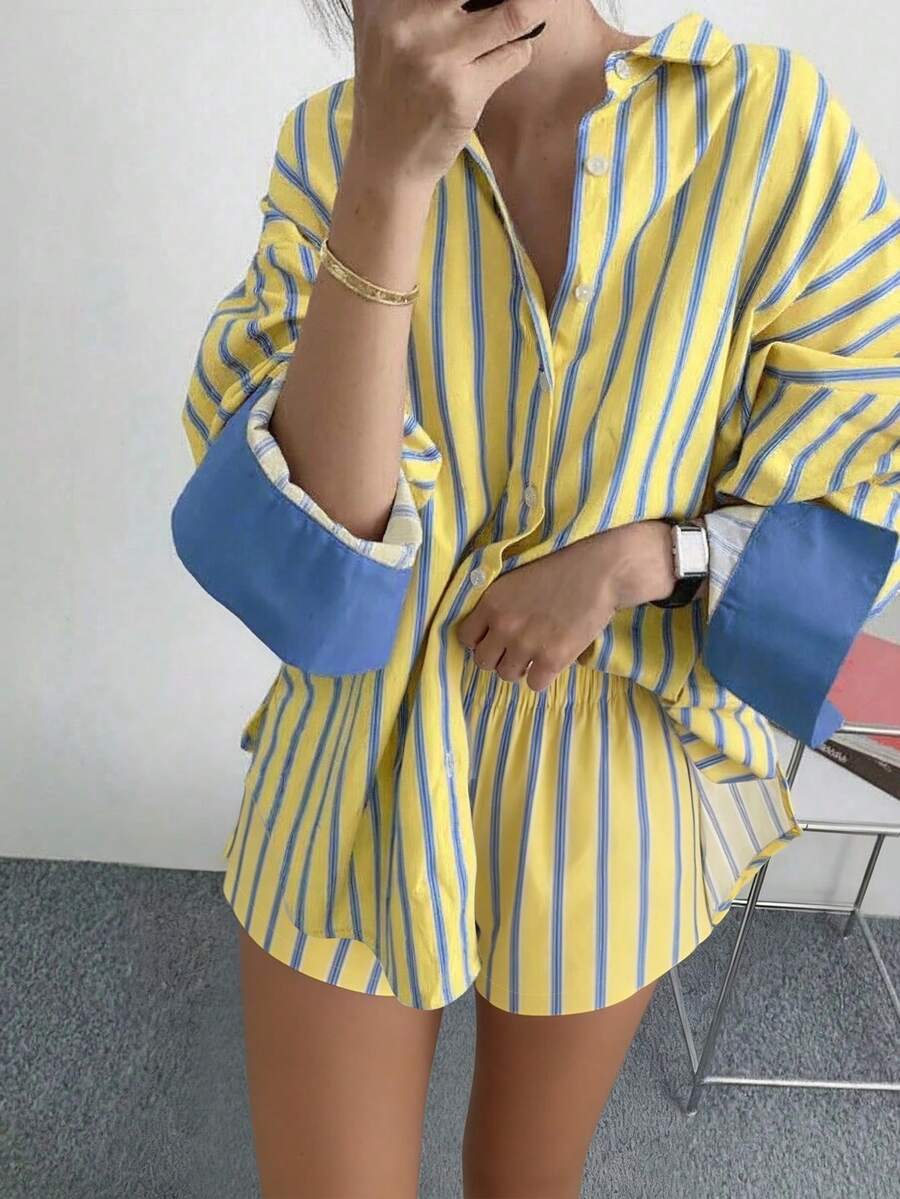 INAWLY 女士休闲条纹衬衫短裤两件套 - 黃色 - 查看 1