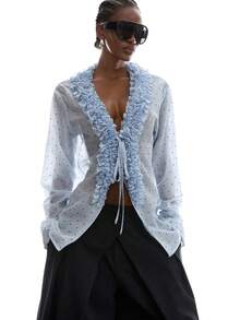 LYSMO Women's Fashionable Sexy Polka Dot Print Ruffle Hem Blouse - Blue - View 1