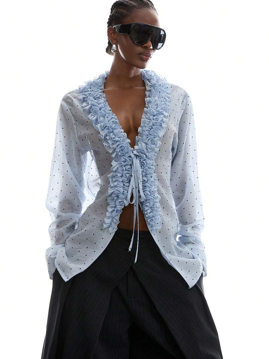 LYSMO Women's Fashionable Sexy Polka Dot Print Ruffle Hem Blouse - Blue - View 1