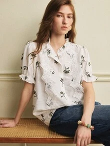 Écloséra Áo kiểu phối ren thêu, bèo nhún, thích hợp cho mùa xuân/hè. - Nhiều màu - Xem 1