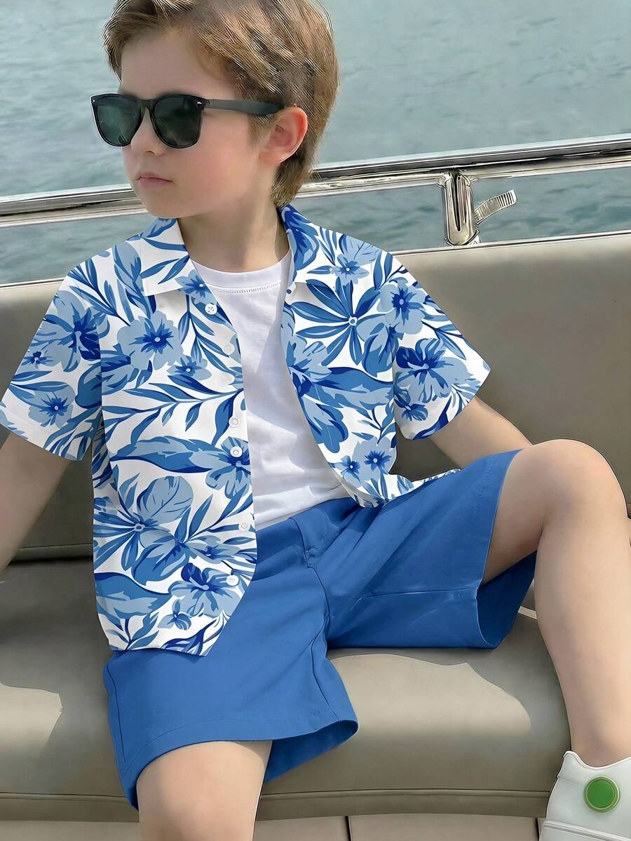 男童休闲时尚，酷炫风格，假日风格，沙滩，海边，运动风格，热带植物印花，宽松舒适的短袖衬衫和短裤套装 - 彩色 - 查看 1