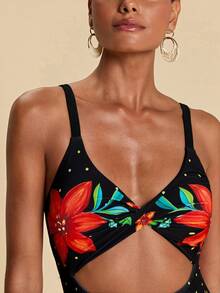 Travachic 女士度假沙滩花鸟印花扭结镂空连体泳衣 - 彩色 - 查看 7