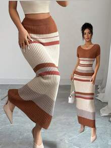 Elenzga 女士春夏新款弹力腰经典条纹时尚百搭休闲优雅修身长款针织裙 - 彩色 - 查看 1