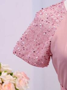 飘逸串珠雪纺圆领收腰长裙，适合婚礼、派对、演出、生日、宴会等各种场合，四季皆宜。 - 粉色 - 查看 4