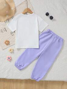 SHEIN Genkimix Kids 两件套女童圆领短袖上衣和裤子，白色上衣饰有花卉刺绣，紫色裤子。适合夏季、休闲、短途旅行，田园甜美风格，柔软可爱。 - 紫色 - 查看 2