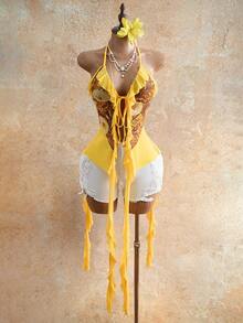 BamGleam 复古硬币印花细肩带性感黄色雪纺荷叶边系带不规则流苏设计，适合海滩、约会、派对等场合。 - 彩色 - 查看 5