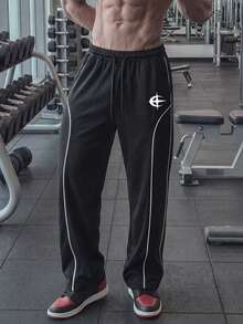 GymBeat 男士抽绳腰几何印花休闲运动裤 - 黑色 - 查看 1