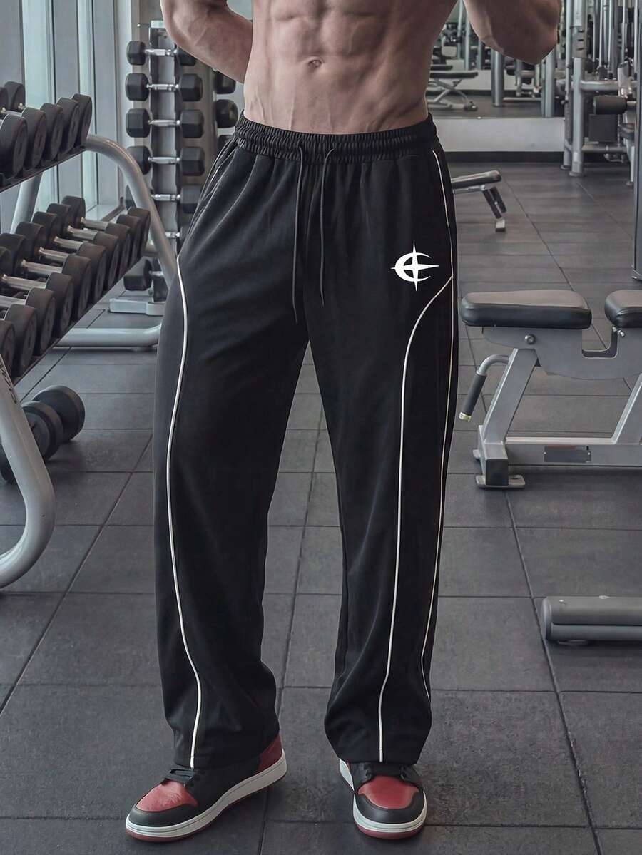 GymBeat 男士抽绳腰几何印花休闲运动裤 - 黑色 - 查看 1