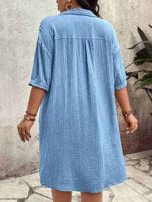 Breezaya Plus Size Button Up Pocket Solid Color Dress - Baby Blue - View 2