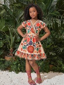 SHEIN Tween Girl Beige Summer Boho Holiday Tea Party Floral Print Flutter Sleeve V-Neck Maxi Dress,Kids Elegant Vintage Flower Sunday Beach Vacation Dress - Multicolor - View 2
