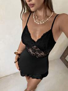 Aloruh Váy ngủ gợi cảm INS Sweet Girl ren chắp vá - màu đen - Xem 6