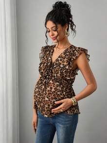 Momance Maternity V-Neck Tie Front Cap Sleeve Blouse With Leopard Print - Multicolor - View 3
