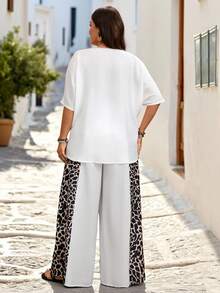 SHEIN Vacation Casual + French Chic Relaxed Leopard Print Patchwork Plus Size 2 Pieces Set - White - View 2