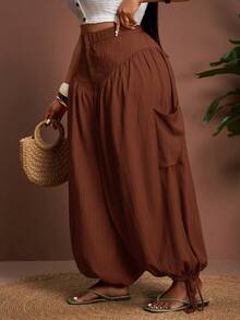 Veslaya 大码女式冬季纯色褶裥超阔腿裤，带抽绳裤脚，百搭款式，适合夏季/圣诞节/新年/感恩节/海滩/优雅场合/社交/通勤/日常/商务穿着 - 紅木色 - 查看 7