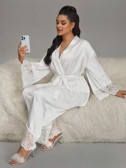 大码纯色蕾丝拼接长袖上衣和阔腿裤睡衣套装