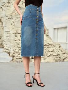 PREMIUM CHÂN VÁY NGẮN BẰNG VẢI DENIM MÀU XANH ĐẬM, CẠP CAO, XUÂN/HÈ - Rửa nhẹ - Xem 6