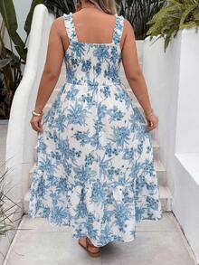 SHEIN CURVE+ Đầm không tay in hoa cỡ lớn, kiểu dáng thường ngày. - Màu xanh lam - Xem 3