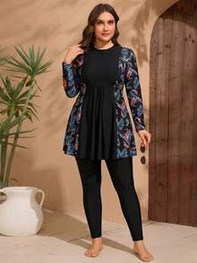 SHEIN Swim Plus Size Modest Swimwear 2-Piece Set, Long Sleeve Printed Dress + Long Pants, Style Concealing Swimwear - Black - View 5