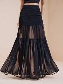 Arave Women's Chiffon Fabric Regular Waist Flared See-Through Overlay Design Casual Skirt - Navy Blue - View 7