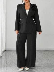 Elenzga Women Plus Size Elegant Floral Decor Blazer Jacket And Wide Leg Pants Suit Set - Black - View 4