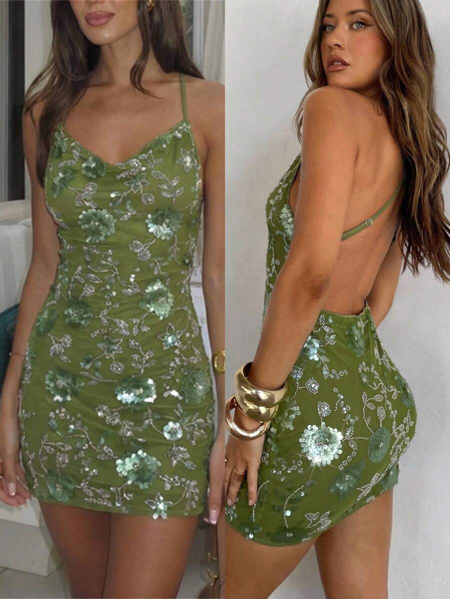 Aloruh 女士优雅性感魅力串珠刺绣露背修身迷你连衣裙