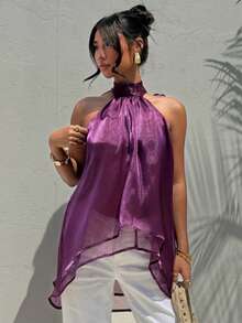 Aloruh Áo kiểu nữ thanh lịch cổ cao buộc dây không tay chất liệu chiffon màu trơn - Màu tím - Xem 5