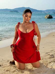 Sunnyshic Plus Size Women's Red Summer Satin Mini Dress,3D Rose Decor Open Back Ruched Bodycon Cocktail Party,Beach Rave Holiday,Formal Dress - Red - View 1