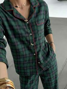 DAZY Plus Size Women Christmas Plaid Lapel Long Sleeve Single-Breasted Top And Pants Loose Pajama Set, Fall Winter Clothes - Green - View 1