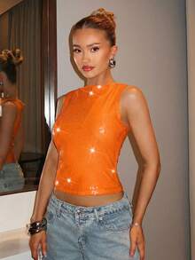 SHEIN BAE Áo vest không tay màu xanh ô liu trơn, kiểu dáng bất đối xứng, đính kim tuyến, thích hợp cho buổi hẹn hò, tiệc tùng, trà chiều, đám cưới, sinh nhật, lễ tình nhân, hòa nhạc, phong cách tối giản và thời trang, có thể mặc đi chơi đêm hoặc đến câu lạc bộ. - Màu Cam cháy - Xem 4