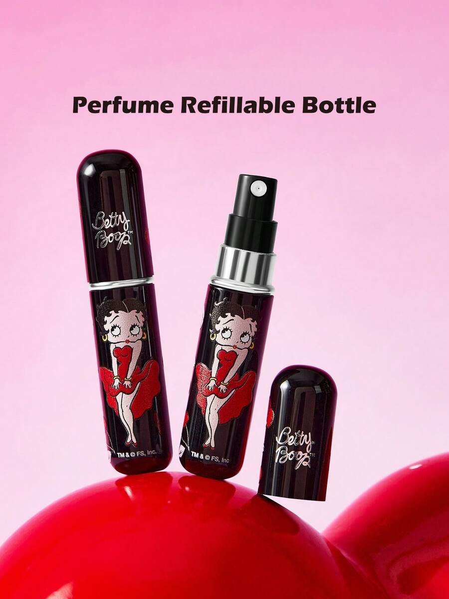 Betty Boop x SHEIN Botella rociadora rellenable de 5 ml/0,2 oz con bomba de llenado automático por la parte inferior, botella de perfume reutilizable, botella cosmética mini portátil con ventana, adecuada para viajes y transporte en avión, adecuada para damas, cereza, linda, ideas de regalo, fiestas, vacaciones, Día de San Valentín - Blanco y Negro - Ver 1