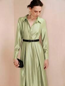 Arave Women Satin Textured Fabric A-Line High Waist Silhouette Shirt Collar With Leather Belt Pleated Hem Single Breasted Elegant Office Wear Dress For Women Green Dress Office Outfits For Women.Casual Waist-Tight And Slim Long Dress - Pastel Green - View 2