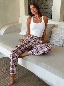 Aloruh 女士休闲格子印花弹力腰直筒家居裤 - 彩色 - 查看 1