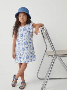 Maija Kids Maija Kids 1 chiếc đầm dệt kim không tay dáng rộng, thanh lịch, dễ thương họa tiết vỏ sò và sao biển, viền bèo nhún, thích hợp mặc hàng ngày, đi học, dã ngoại, họp mặt, lễ hội, mùa xuân và mùa hè. - Xanh và trắng - Xem 9