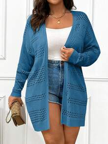 SHEIN LUNE Plus Size Women Solid Color Casual Versatile Long Sleeve Cardigan Fall - Blue - View 4
