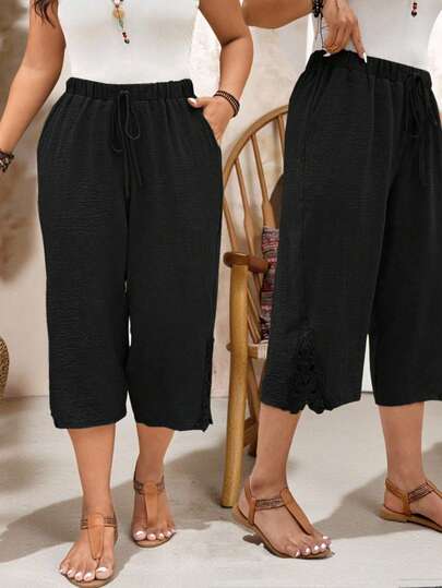 Breezaya Plus Size Women's Casual Military Green Breathable Spring/Summer Pants, Textured Fabric With Lace Patchwork Design, Capri Pants, Shorts, Suitable For Graduation, Holidays, Valentine's Day, Music Festivals, Mother's Day, Halloween, Thanksgiving, Easter, National Day, Dances, Dates, Parties, Weddings, Outdoor Activities Capris For Women Baggy Women Casual Outfits Women S Summer Pants Knee Length Pants For Women Capri Pants For Women