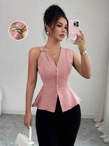 Elenzga Áo cánh không tay cổ chữ V thời trang tối giản sang trọng mùa hè mới thiết kế khóa kim loại ôm eo cho nữ - Hồng - Xem 5