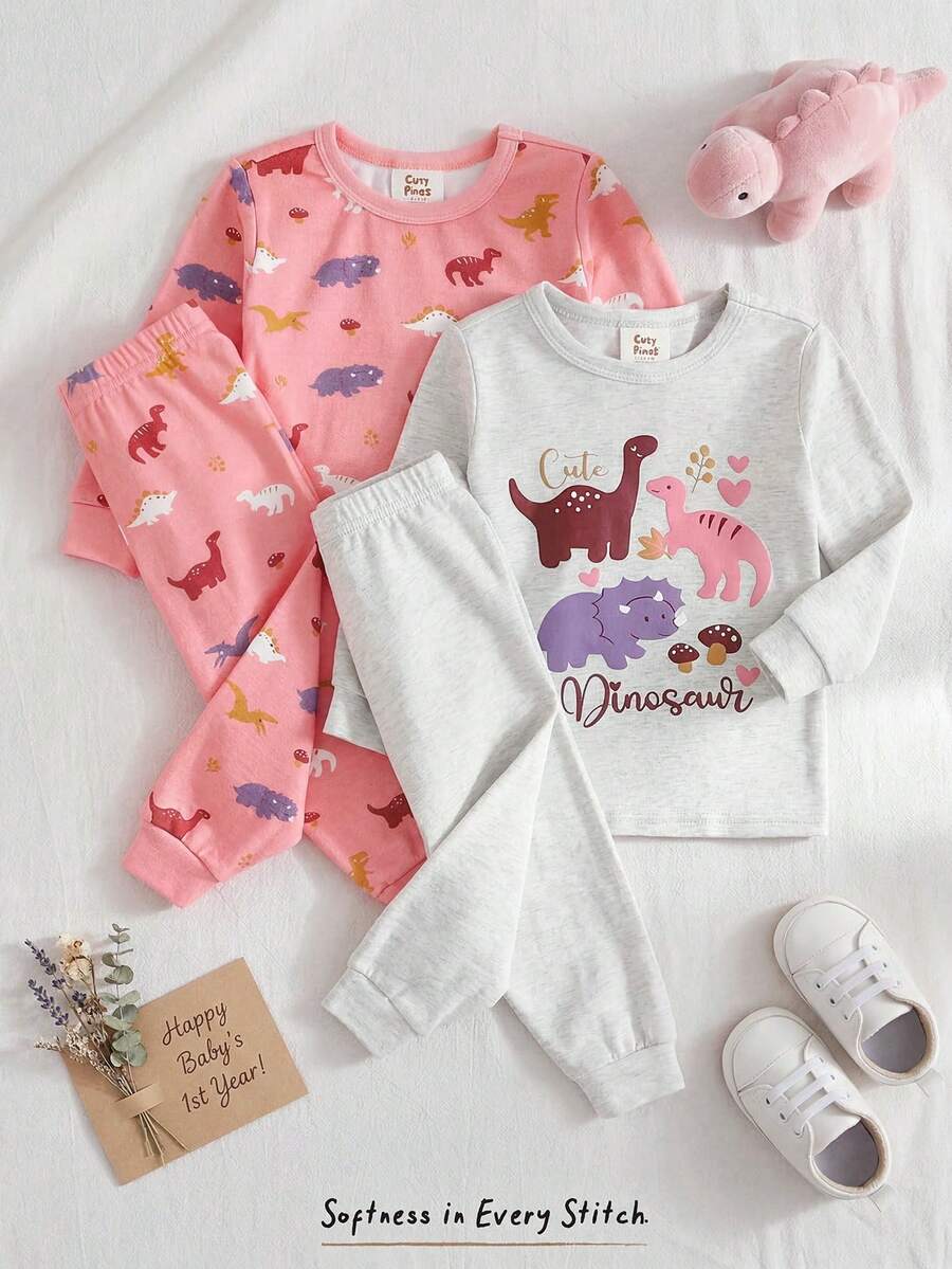 Baby Girl Cartoon Pattern Knit Soft Crew Neck Long Sleeve Top And Elastic Waist Leggings 2 Pieces Snug Fit Pajama Set Baby Girl Clothes Dinosaur Toddler Sleep Wear Baby Pajama Sets Toddler Night Clothes,Kids - Multicolor - View 1