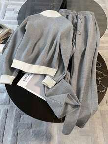 SHEIN Áo khoác cardigan tay raglan cổ đứng rộng rãi + Quần ống đứng có túi ẩn - Xám - Xem 2