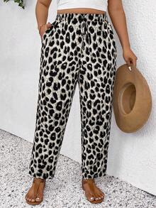 SHEIN Frenchy Plus Size Leopard Print Casual Pants, Summer Trousers, Vacation Trousers,Women N Beachwear, Boho/Bohemian Women's Clothing, Daily Fashion Fall - Grey - View 2