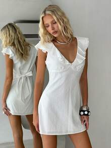 TRNVIE 新款优雅夏季女式连衣裙，甜美荷叶袖深V领性感休闲连衣裙，适合海滩、度假、约会、派对、户外旅行、情人节等场合，纯白色短款连衣裙，女士夏季连衣裙，白色荷叶袖连衣裙 - 白色 - 查看 7