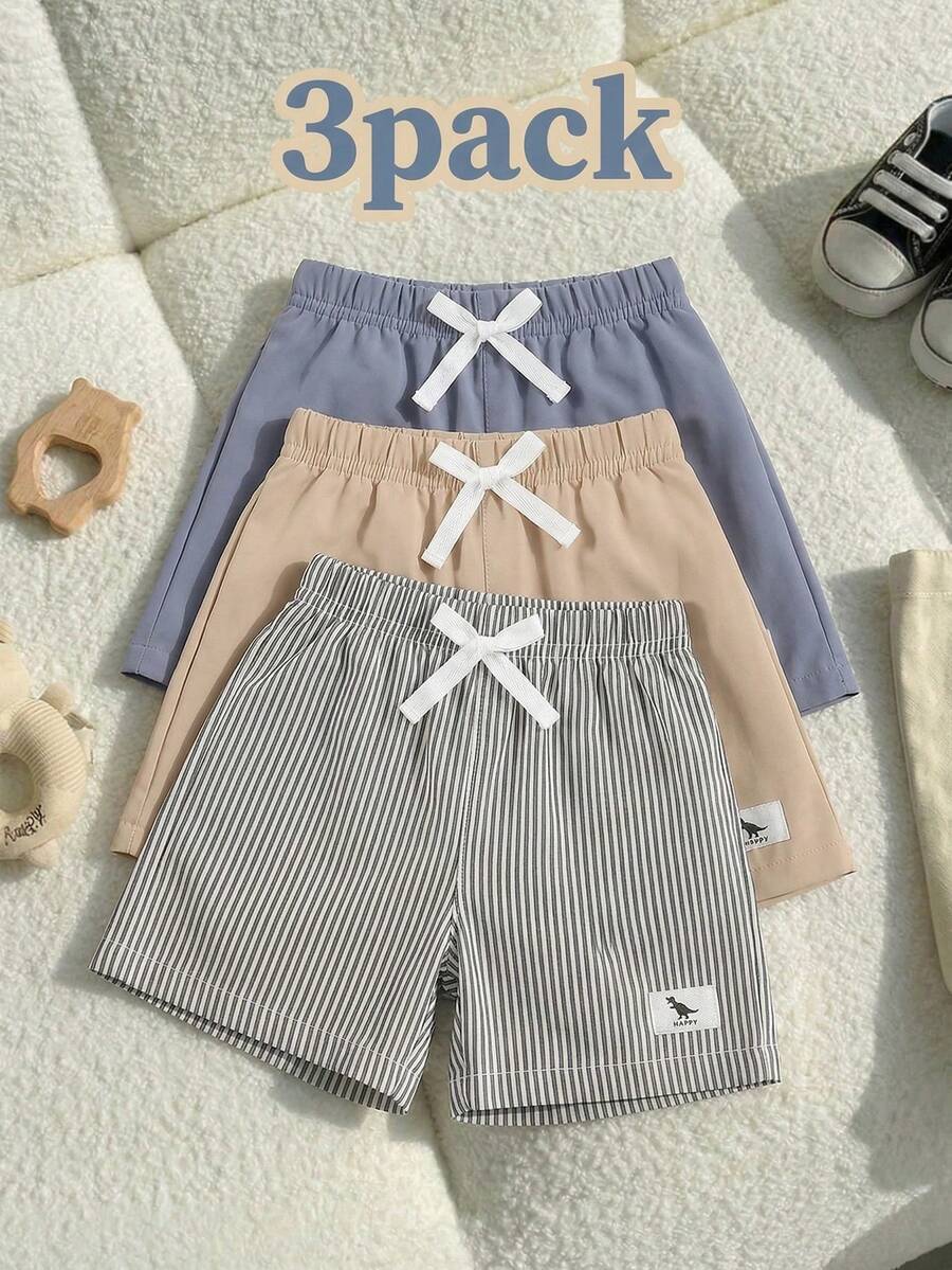 SHEIN Playful Pals 3件套幼儿男童绿色、黑色、灰色针织运动休闲短裤套装，94%棉，吸汗透气，恐龙提花图案，春夏新款，适合居家或户外穿着 - 彩色 - 查看 1