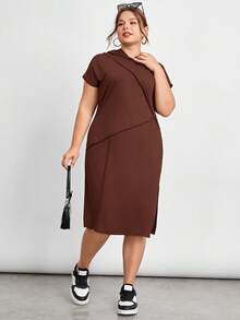 SHEIN Essnce 大码女式拼接缝线设计宽松休闲连帽连衣裙 - 駝色 - 查看 5