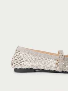 Nöista Silver Woven Mary Jane Exquisite Mesh Design Adjustable Buckle Comfortable Fashion Casual Suitable For Spring Activities Summer Comfortable Breathable Flat Shoes - Silver - View 8